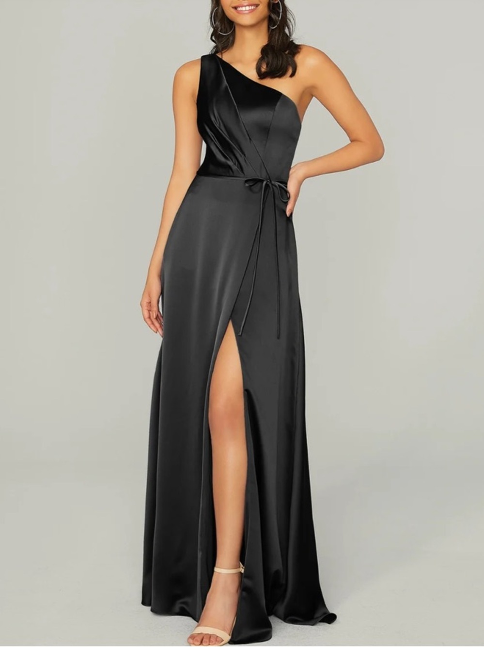 Morilee Madeline Gardner One-Shoulder Black Satin Dress with Tie Waist